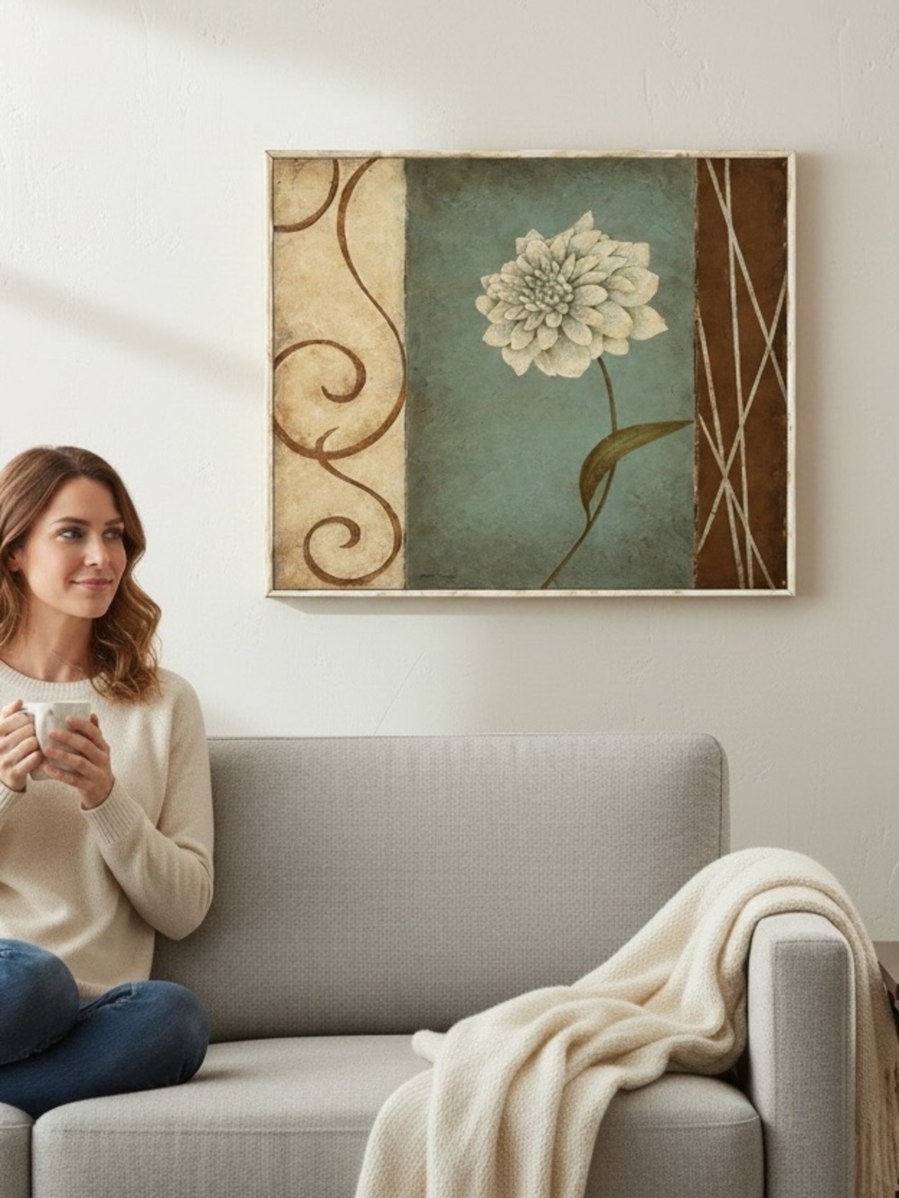 Teal Blue Tan Decorated Picture Of Flower Framed Artwork - Wall  13x13x2